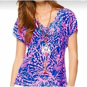 LILLY PULITZER‎ Asher Silk Top Women S Pink Blue Rollin in the Grass zebra